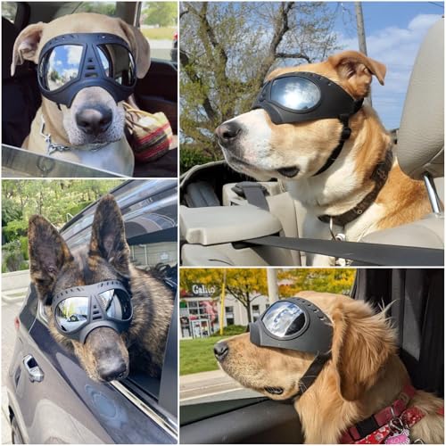 Namsan Dog Goggles for Large Dogs, Wide Snout & Soft Frame, Tactical Driving Sunglasses for Dogs Medium to Large Breed, Anti-UV Dog Eye Protection, Windproof Dustproof, Adjustable, Black - color: (Large)Silver Lens