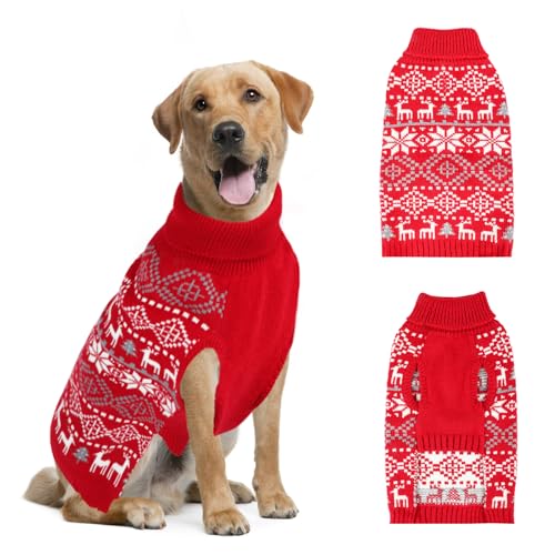 Dog Christmas Sweater, Thick Warm Doggie Sweatshirt with Leash Hole, Snowflake Reindeer Dogs Holiday Pullover Sweaters for Cold Weather, Winter Knit Turtleneck Dog Sweater for Medium Dogs M - size: Medium