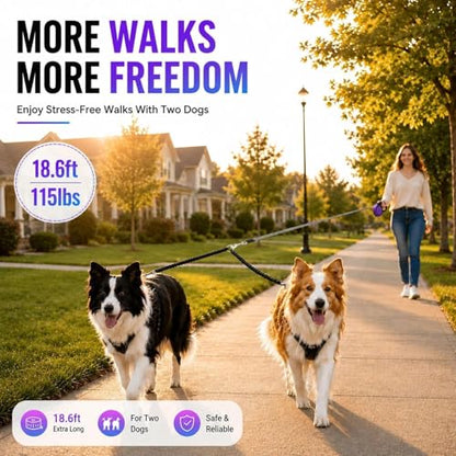 Double Retractable Dog Leash for Two Dogs Up to 50 lbs - 16 ft Coupler Leashes for Small Medium Dogs - One Locked System, Non Slip Grip, Tangle Free (Purple) - color: Purple