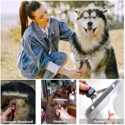 3-Pack Long-Tooth Pet Brush Set - Dog Rake Brush & Steel Shedding Comb & Double-Sided Teech Comb for Double Coat Large Dogs, Horses