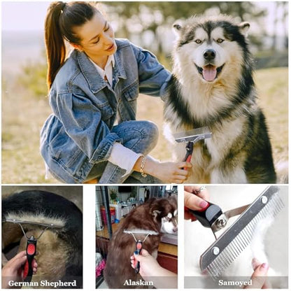 3-Pack Long-Tooth Pet Brush Set - Dog Rake Brush & Steel Shedding Comb & Double-Sided Teech Comb for Double Coat Large Dogs, Horses
