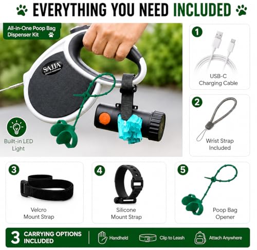 Smart Poop Bag Holder With LED Light - No Batteries Needed - USB-C Rechargeable Special Retracting Function Compact Durable Lightweight Perfect Pet Gift Comes With free 150 bags and Charging Cable