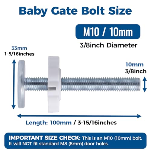 M10 Baby Gate Spindle Rods 4-Pack, Fits 10mm Holes Only, Not for M8, (10mm / 3/8") Extra Long 3.94" Replacement Parts for Pressure Mounted & Pet Safety Gates, White - color: White