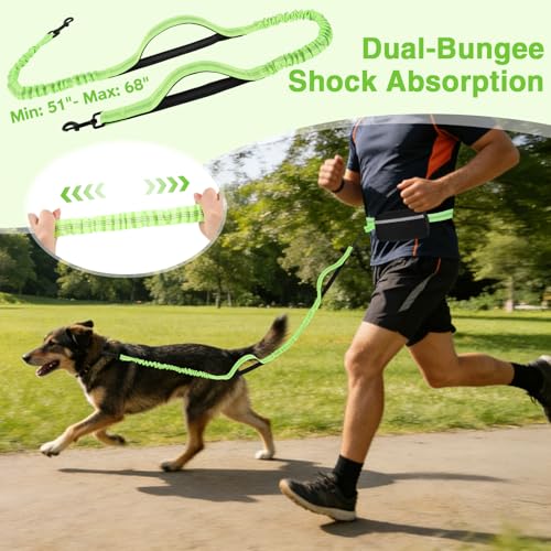 Hands Free Dog Leash with Zipper Pouch, Dual Padded Handles, Shock Absorbing Bungee Leash for Small Medium Large Dogs, Ideal for Walking Jogging Running Hiking (Green) - color: Green
