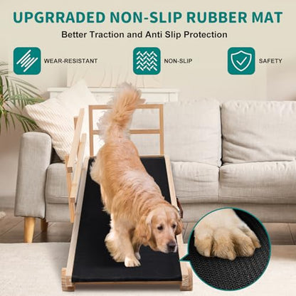 Dog Ramp for Bed, Adjustable Pet Ramps for Dog to Get on Bed, Non-Slip Rubber Surface - Folding Wooden Dog Ramp for Small/Large/Old Dogs, Adjustable up to 23.5 inch High Beds, Safety Railings - size: M-for 23.6''H Bed