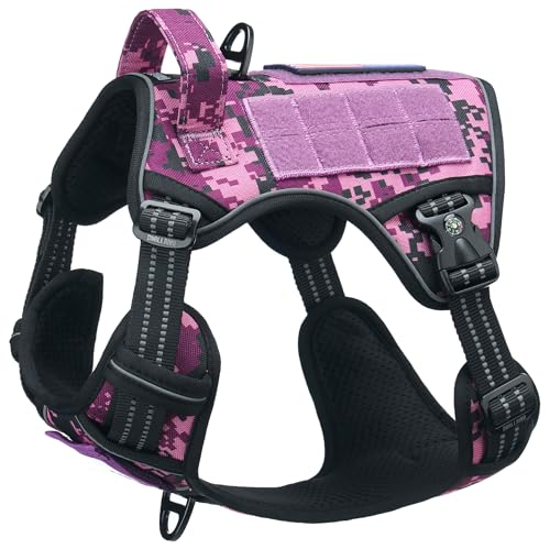 Tactical Dog Harness for Medium & Large Dogs, Camo Purple Adjustable No-Pull Control with Handle, Heavy Duty Reflective Vest - Size M - color: Purple Camo, size: Medium
