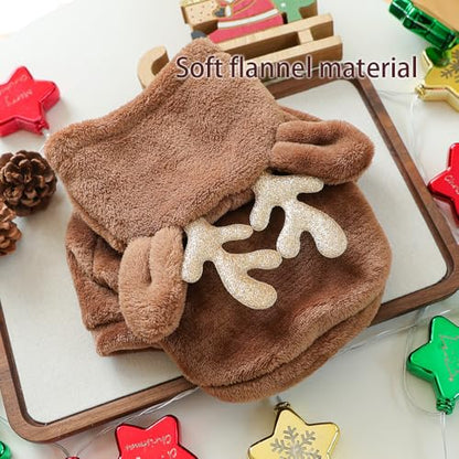 Reindeer Dog Costume Christmas Small Dog Hoodies with Antlers and Plush Ears Fleece Puppy Sweatshirt Winter Cat Clothes Cold Weather Coat Pet Santa Outfit (Brown, Medium) - size: Medium