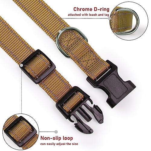 Reflective Dog Collar with Buckle Adjustable Safety Nylon Collars for Small Medium Large Dogs, Brown L - color: Brown, size: Large :Width 1",Neck 14-22"