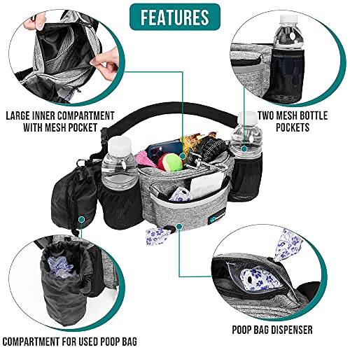 PetAmi Dog Fanny Pack, Treat Pouch for Dog Walking, Training, Built in Poop Bag Dispenser, Water Bottle Holder, Collapsible Bowl, Pet Treat Waist Belt for Hiking, Running, Kibbles (Grey) - color: Heather Grey