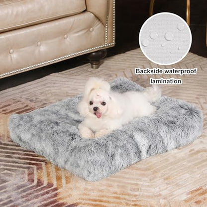 Bedfolks Plush Waterproof Dog Crate Bed, Removable Washable Faux Fur Cover, Fluffy Kennel Bed 17"x12", Dark Grey - color: Dark Grey, size: XX-Small(17x12'')