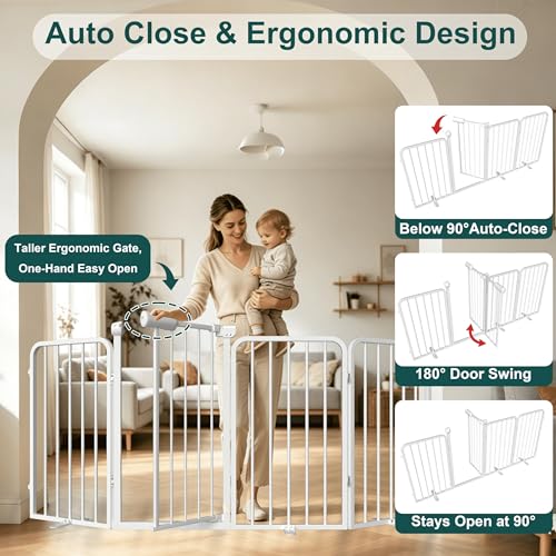 WAOWAO Heavy-duty Freetanding Dog Gate with Door, 71"Extra Wide 30"Tall Metal Puppy Pet Gate for Indoor, Foldable Gate for Doorways, Stairs, Hallways, House, Free Standing /Wall Mounted Gate 4 Panels - size: 4 Panel - 71”Wide