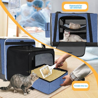 Petskd Side Expandable Extra Large Cat Carrier with Litter Box Area, 24"x17"x17" Soft-Sided Pet Carrier for 2 Cats Under 55 lbs with Zipper Locks for Car Travel(Blue) - color: Blue