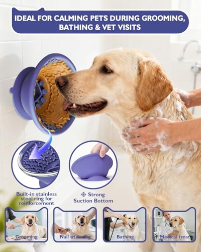 Dog Lick Bowl, Non-Slip Slow Feeder Licking Mat & Treat Dispenser (Wide Bowl Mouth w/Inlaid Stainless Steel Ring) - Interactive Toys, Anxiety Reducer, Freeze Bone for Dogs, BPA Free Silicone - color: Purple+Orang