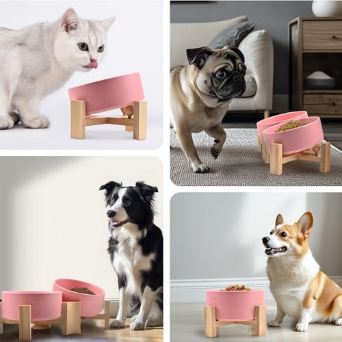 SPUNKYJUNKY 15° Slanted Ceramic Dog and Cat Bowl with Wooden Stand, Tilted Bulldog Food and Water Bowl No Slip Non-Spill for Cats Medium Dogs Big Face Pets 28.7 OZ (3.6 Cups,Pink) - color: Pink, size: 3.6 CUPS × 1