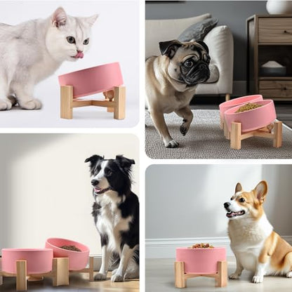 SPUNKYJUNKY 15° Slanted Ceramic Dog and Cat Bowl with Wooden Stand, Tilted Bulldog Food and Water Bowl No Slip Non-Spill for Cats Medium Dogs Big Face Pets 28.7 OZ (3.6 Cups,Pink) - color: Pink, size: 3.6 CUPS × 1