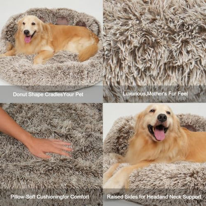 Round Plush Calming Donut Dog & Cat Bed | Calming Design, Donut Shape - color: Brown, size: XXX-Large