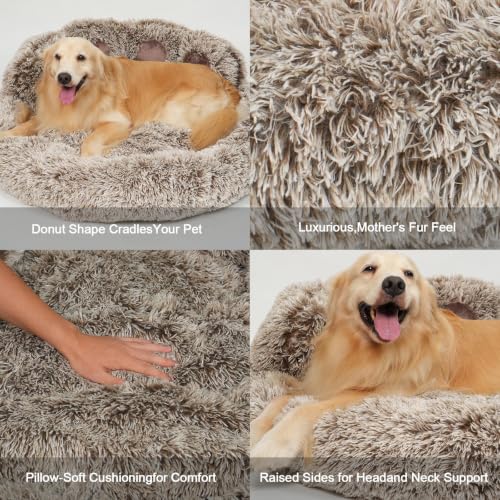 Round Plush Calming Donut Dog & Cat Bed | Calming Design, Donut Shape - color: Brown, size: Small