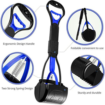 Pet Pooper Scooper, 24" Long Handle Portable Poop Scooper for Large and Small Dogs Cats, Foldable Dog Poop Pick Up Tool, Sturdy Garbage Rake Picker for Garden Backyard Grass Dirt Gravel (Blue) - color: Blue