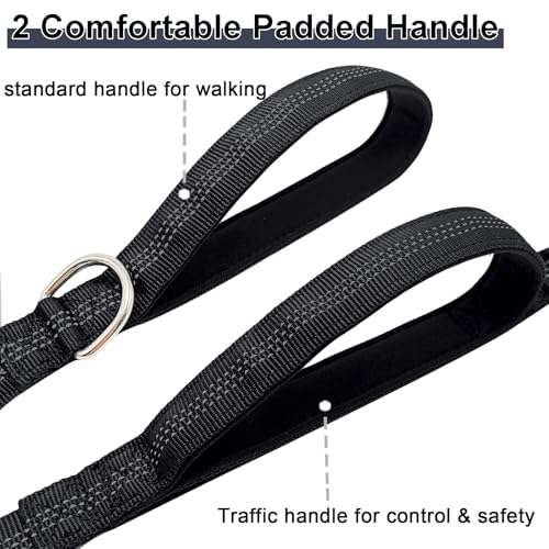 5FT Bungee Dog Leash with 2 Handles, Reflective Nylon Traffic Leash | Shock Absorbing Lead Strong for Large Medium Dogs Anti-Pull Training Walking Controlling Comfortable Padded Handle, Black - color: Black