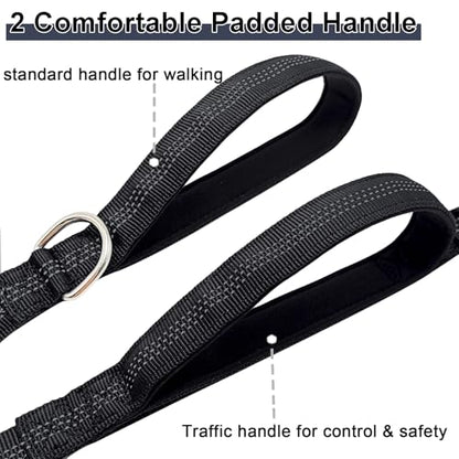 5FT Bungee Dog Leash with 2 Handles, Reflective Nylon Traffic Leash | Shock Absorbing Lead Strong for Large Medium Dogs Anti-Pull Training Walking Controlling Comfortable Padded Handle, Black - color: Black