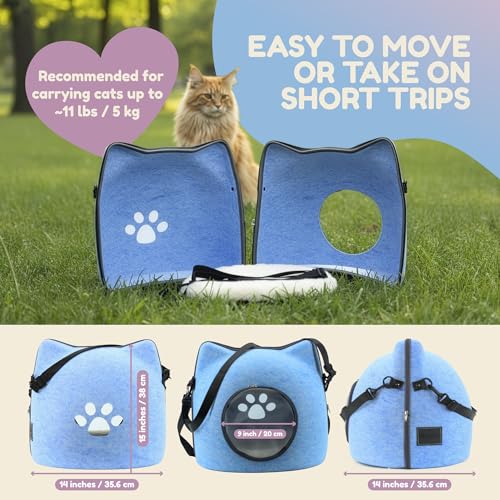 Cat Cave Bed for Indoor Cats – Felt Covered Hideaway with Cushion, Foldable Enclosed Pet House, Portable Cozy Cave Bed for Medium & Large Cats (Blue)