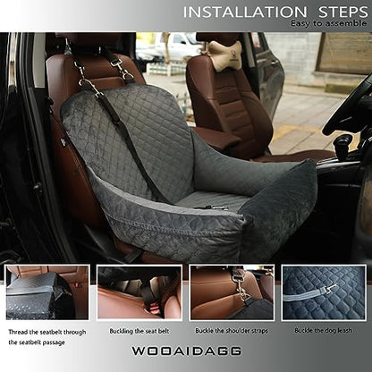 WOOAIDAGG Dog Car Seat,Fully Detachable and Washable Cover,Easy to Assemble,Comfy Cushion Fill in Memory Foam,2 Clip-On Safety Leashes and Storage Pockets (Grey) - color: Grey