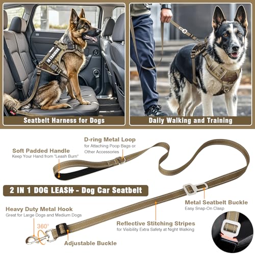 Tactical Dog Harness and Leash Set Medium Sized Dog,Heavy Duty No Pull Service Dog Vest and 10 Patches with Dog Seat Belt,Reflective Adjustable Pet Harness for Training Walking Hiking Camo M - color: Desert Camo, size: Medium