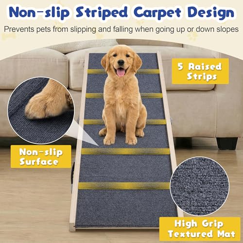Extra 51.2" Long Dog Ramp for Bed & Couch - Adjustable Height 9.5" to 24" Wooden Non-Slip Pet Ramp, Portable Foldable Doggie Car Ramp for Small Medium Large Older Dogs, 200 LBS Load