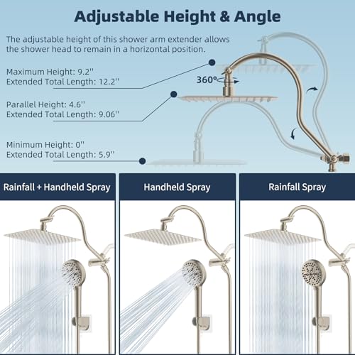 Hibbent All Metal CUPC Certified Shower Head, 10'' High Pressure Rainfall Shower Head, Handheld Showerhead Combo, 12'' Adjustable Extension Arm, 10 Sprays, 71'' Hose, Showerhead Holder, Brushed Nickel - color: Brushed Nickel, style: Square 10''