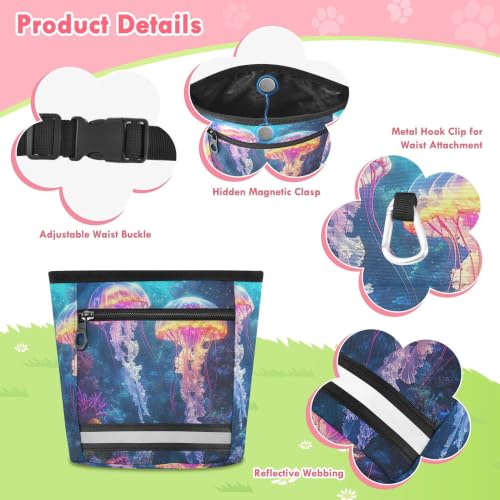 Jellyfish Water-Resistant Dog Treat Pouch, 3 Ways to Wear Treat Bag with Magnetic Closure & Reflective Strip, Hands-Free for Pet Training, Walking