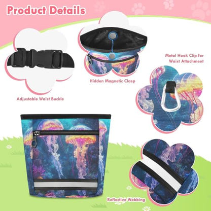 Jellyfish Water-Resistant Dog Treat Pouch, 3 Ways to Wear Treat Bag with Magnetic Closure & Reflective Strip, Hands-Free for Pet Training, Walking