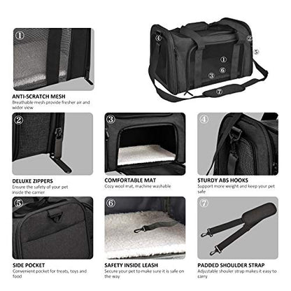 Henkelion Large Soft Sided Cat and Pet Carrier for Cats and Puppies up to 25Lbs - Collapsible, Waterproof Travel Carrier - Black - color: Black, size: 20.0"L x 13.0"W x 13.0"H