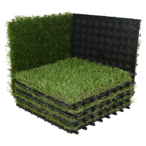 XLX TURF Artificial Grass Turf Tiles Interlocking Set 6 Pieces, Square Fake Grass Tiles Self-draining for Pet Indoor/Outdoor Flooring Decor, 12"x12", 8 Buckle Systerm - color: 8 Buckle Lock Tile-Green, size: 12"x12"/6 Piece