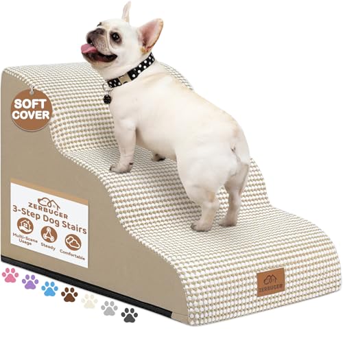 Zerbuger Dog Ramp and Stair for Bed 16" H-20 H,3-Step Cat Stair for Sofa and Chair,4-Step Dog Ramp for High Bed and Window,Durable Nonslip Fabric Cover for Indoor (Beige-16 H, Pet Friendly, 3) - color: Beige