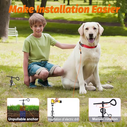 15" Heavy Duty Steel Dog Stake - 9mm Solid Anchor for Dogs Up to 120 lbs - 30FT Orange Tether-Yard, Camping, Outdoor Use (Black, 30ft Cable and Stake) - size: 30ft cable and stake