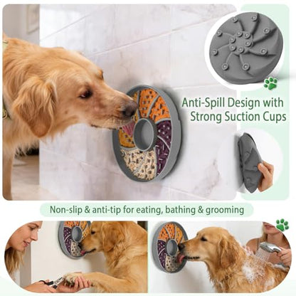 Slow Feeder Dog Bowl Silicone Suction Cup Anti Spill Dogs Cats Grey | strong suction base prevents sliding, extends mealtime, reduces anxiety, textured surface, dishwasher safe - color: Grey