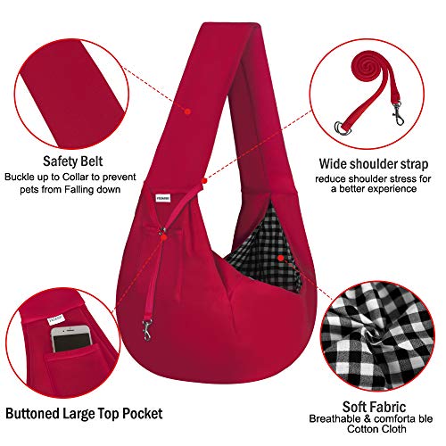 FDJASGY Small Pet Sling Carrier-Hands Free Reversible Pet Papoose Bag Tote Bag with a Pocket Safety Belt Dog Cat for Outdoor Travel (Red) - color: Red