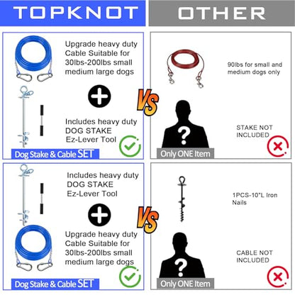TOPKNOT 15FT Heavy Duty Stainless Steel Dog Tie Out Cable and Stake, 360 Swivel Dog Run, Rust Proof, Holds 2 Dogs Up to 200LBS, Ideal for Outdoor Camping and Yard Use - size: dog stake+15ft/200lbs