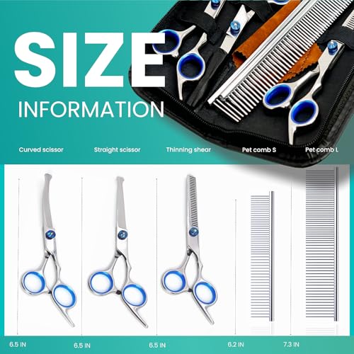 MEDUWEDU 7 in 1 Dog Grooming Scissors Set with Safety Round Head, Sharp and Durable, with Two Stainless Steel Combs, Pet Grooming Scissors for Cats and Dogs
