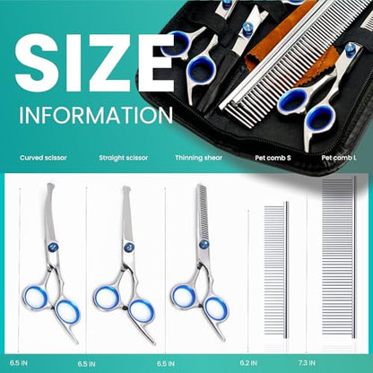 MEDUWEDU 7 in 1 Dog Grooming Scissors Set with Safety Round Head, Sharp and Durable, with Two Stainless Steel Combs, Pet Grooming Scissors for Cats and Dogs