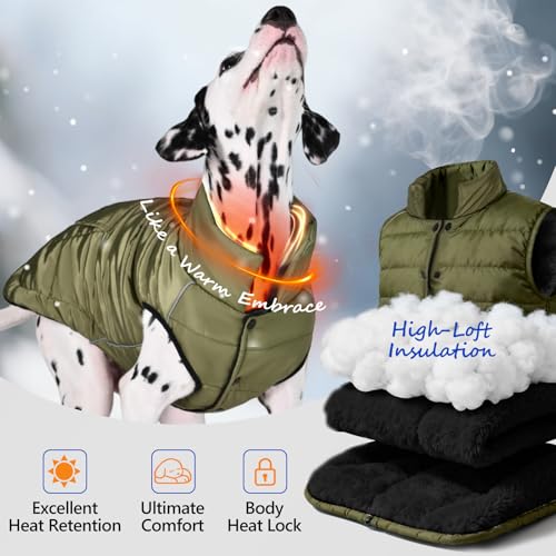 Dog Winter Puffer Jacket Waterproof, Reflective Furry Fleece Lined Dog Coats for Small Medium Dogs, Warm Snow Coat, Insulated Cold Weather Dogs Vest Jackets with Leash Hole, Olive - color: Olive, size: XL: 20–25 lbs