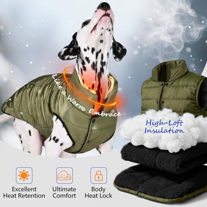 Dog Winter Puffer Jacket Waterproof, Reflective Furry Fleece Lined Dog Coats for Small Medium Dogs, Warm Snow Coat, Insulated Cold Weather Dogs Vest Jackets with Leash Hole, Olive - color: Olive, size: XL: 20–25 lbs