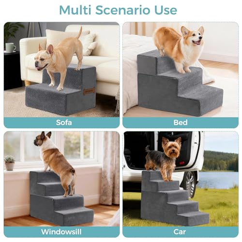 Dog Stairs, Steps and Ramp for High Bed & Sofa, 13-24" H Detachable Pet Stairs for Small Medium Dogs, Sturdy 40D Foam, Non-Slip, Washable Cover with Lint Roller, Grey