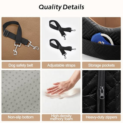 JOEJOY Dog Car Seats for Small Medium Dogs Under 35lbs, Waterproof PU Leather Dog Booster Seat with Detachable Cover, Thickened Memory Foam Pet Car Seat with Safety Belt and Storage Pockets - color: Brown