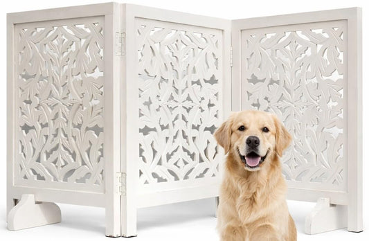Free Standing Dog Gate – 3 Panel Foldable Wooden pet gate Indoor 54" W x 24" H, Hand-Carved Solid Wood & MDF, Portable Indoor Gate for Doorways, Halls, Stairs – Fully Assembled_ White Antique - color: White, size: 54"x24" Leaf 3 Panels