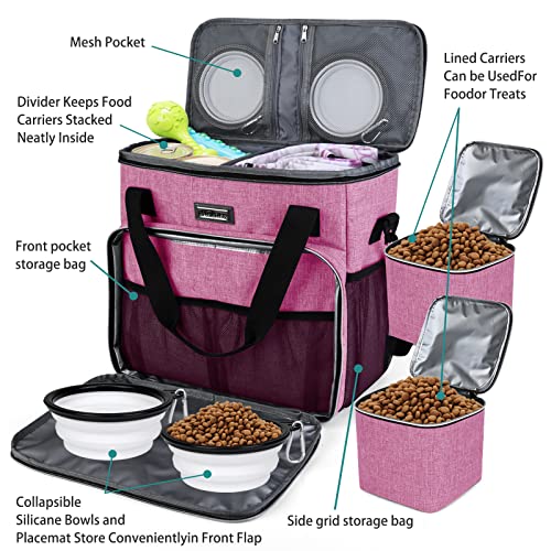 BAGLHER Dog Travel Bag, Pet Travel Bag (ALL Pet Travel Supplies), With 2 Pet Food Containers and 2 Collapsible Silicone Bowls; Essential Kits for Pet Travel Pink - color: Pink, size: Medium