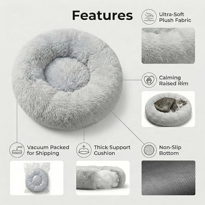 Cozy Plush Calming Dog & Cat Bed – Anti-Anxiety, Washable Round Donut Bed for Small & Medium Pets – Soft, Fluffy, Vacuum Packed (Gray, M) - size: M