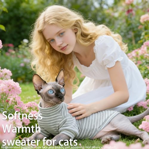 Sphynx Cat Clothes Fleece Cats&Small Dogs Pullover Sweater | Soft warm fleece, covers belly. Stretchy, easy on. Washes well. For small dogs & cats: daily walks, naps, AC rooms. - color: Gray Striped, size: XX-Large