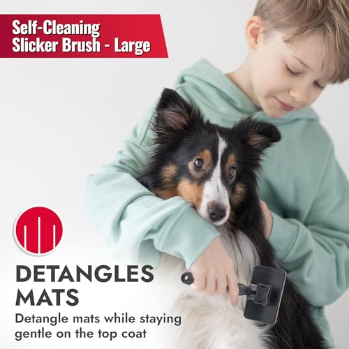 KONG Large Self-Cleaning Slicker Brush – Easy Hair Removal, Reduces Shedding, Non-Slip Grip, Long Metal Pins, for Medium to Large Dogs with Medium to Long Coats, Red/Gray - size: Large Self-Cleaning Slicker