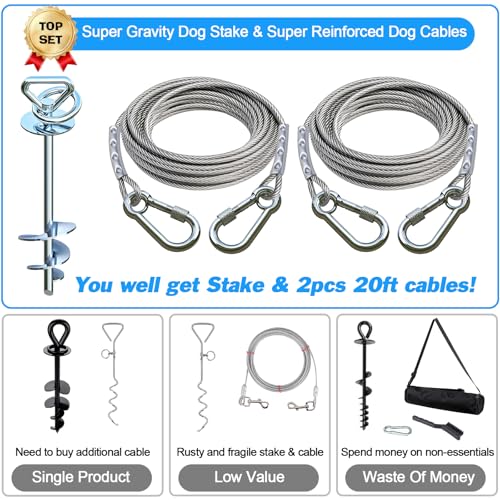 Dog Tie Out Cable and Stake for Camping,with 2x20FT Heavy Duty Cables(up to 200lbs),360°Swivel Dog Run Anchor- No Tangle,Dog Runner for Yard -Ideal for Outdoor Camping - size: dog stake+2pcs 20ft Cable